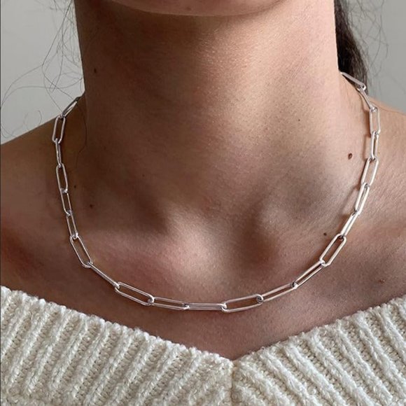 18K White Gold Paper Clip Chain Necklace Womens Silver Jewelry 18 Karat 17